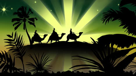 animación de la silueta de tres hombres sabios en camellos sobre una estrella fugaz en fondo verde