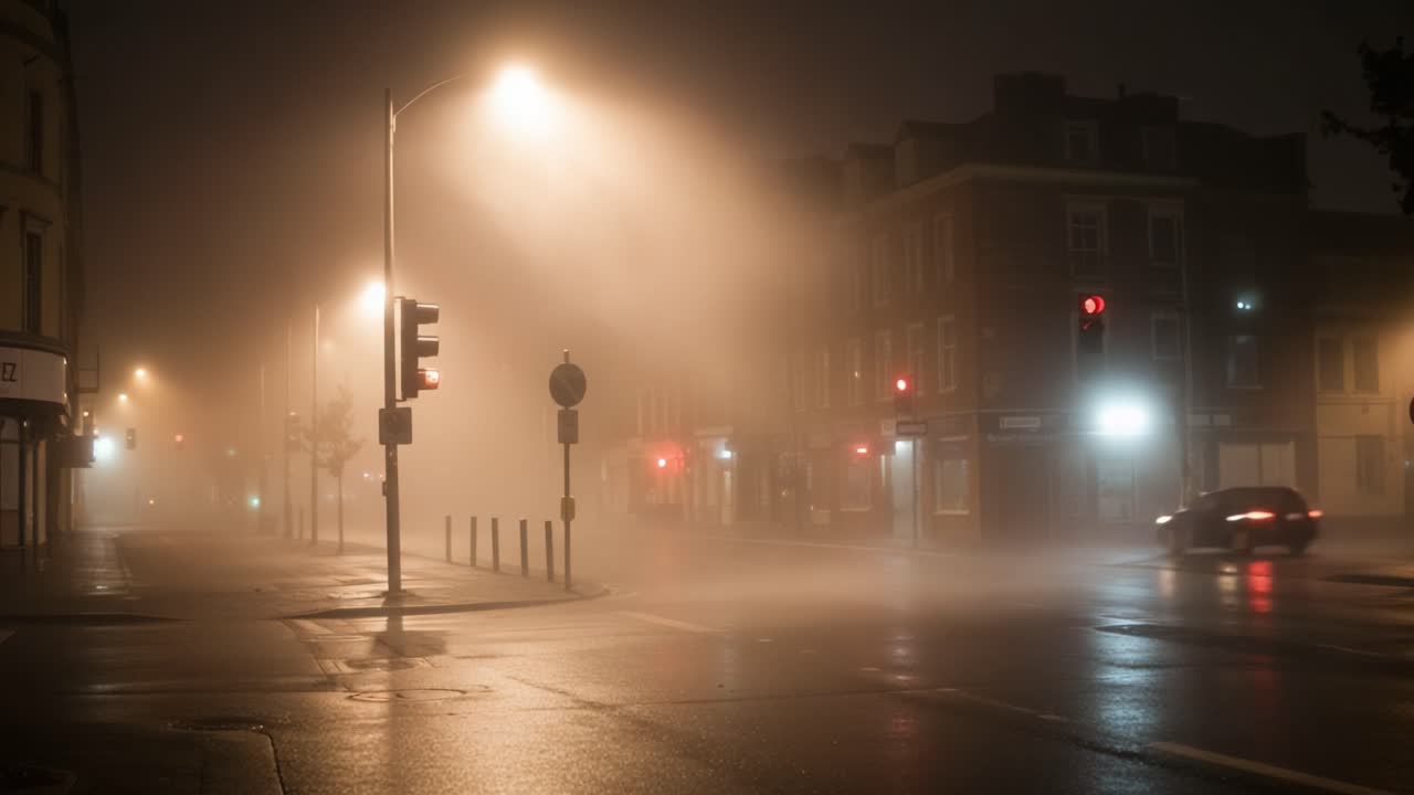Foggy Night Street Scene with Car and Wet Reflections