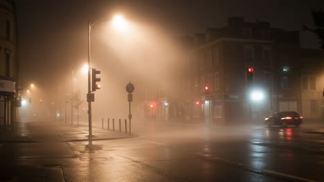 foggy night street scene with car and wet reflections