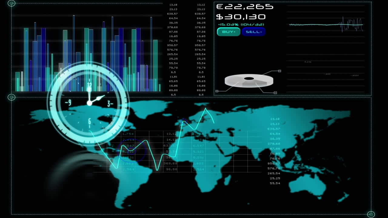 animación de un reloj que se mueve rápido y procesamiento de datos con un mapa del mundo en pantalla