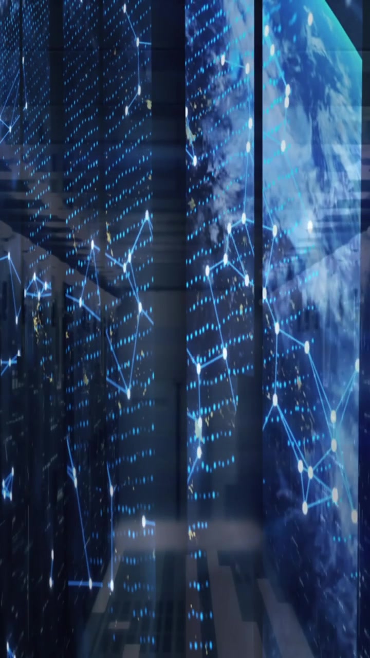 Animation of shapes moving and data processing over server room
