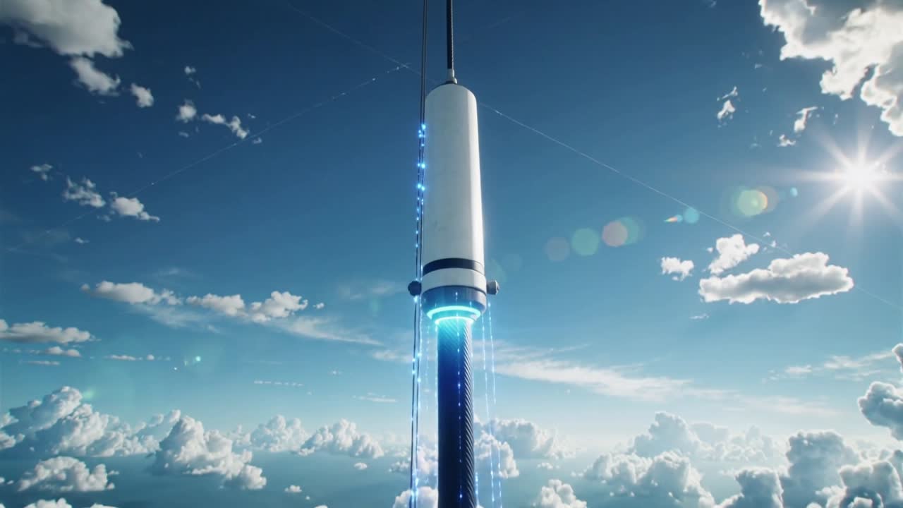 カプセル型クライマーがテザーパルスを受け、リングを充電し、宇宙技術のリフトのために青い光線を送る。
