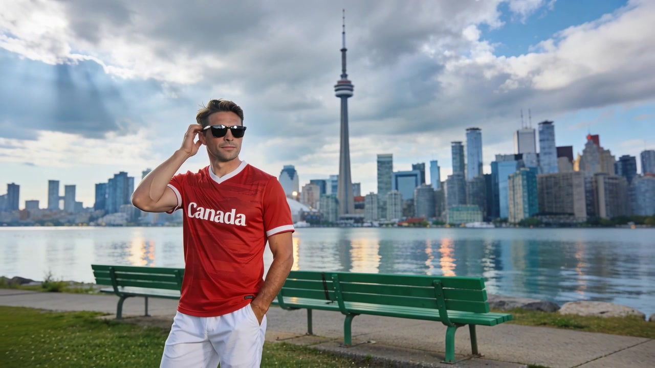 Uomo che cammina con una maglietta rossa del Canada che si sistema gli occhiali da sole, si ferma e guarda attraverso l'acqua mentre il sole si riflette.