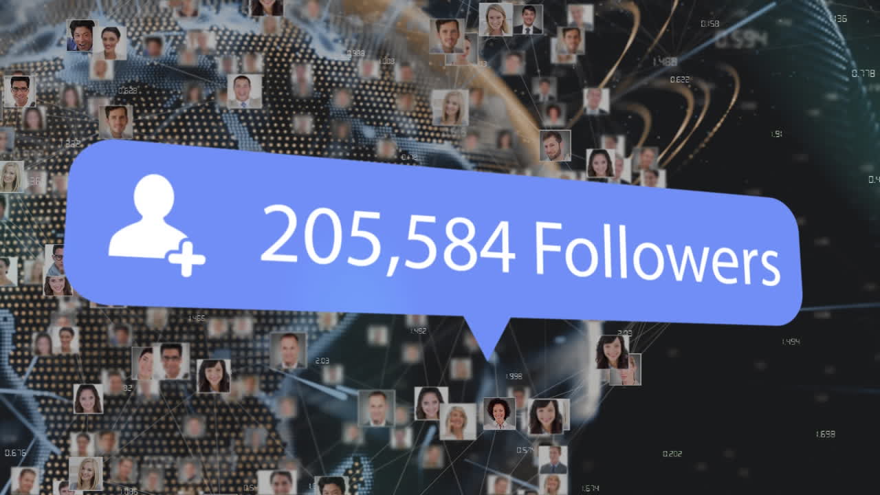 Speech bubble with followers text with increasing numbers against globe of profile icons