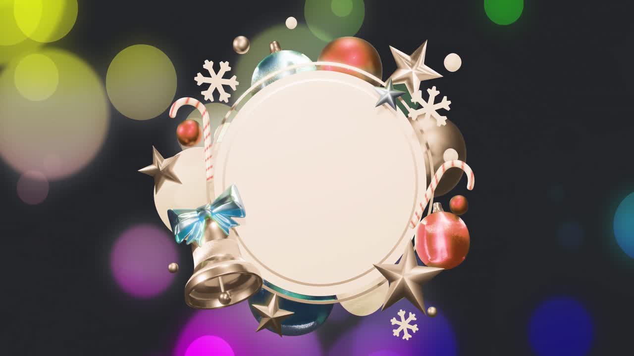 animación de decoraciones navideñas alrededor de un letrero circular blanco en blanco sobre puntos de luz de colores