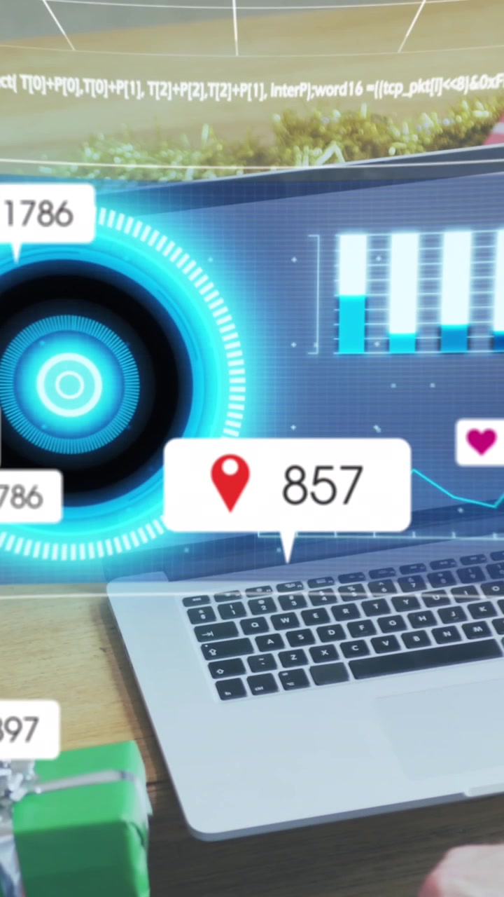 Animation of scope scanning and social media icons over car