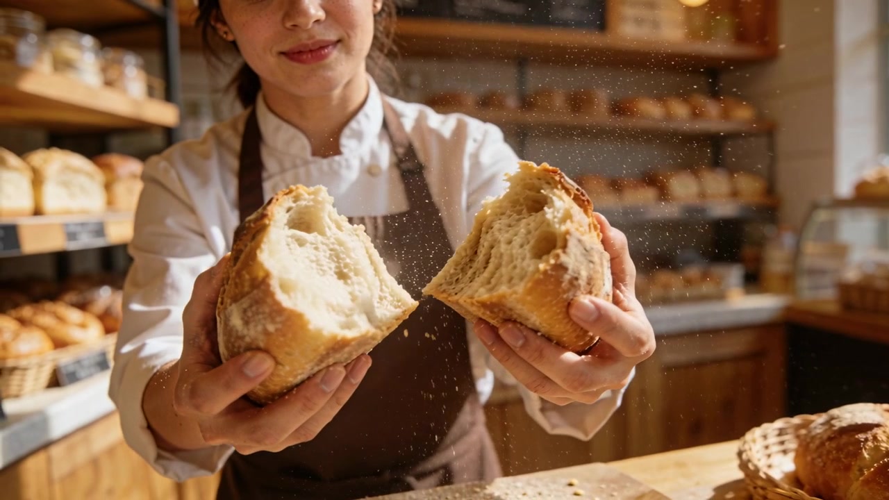 Grasping loaf, baker in coat and brown apron pulling apart on bakery counter, showing open crumb