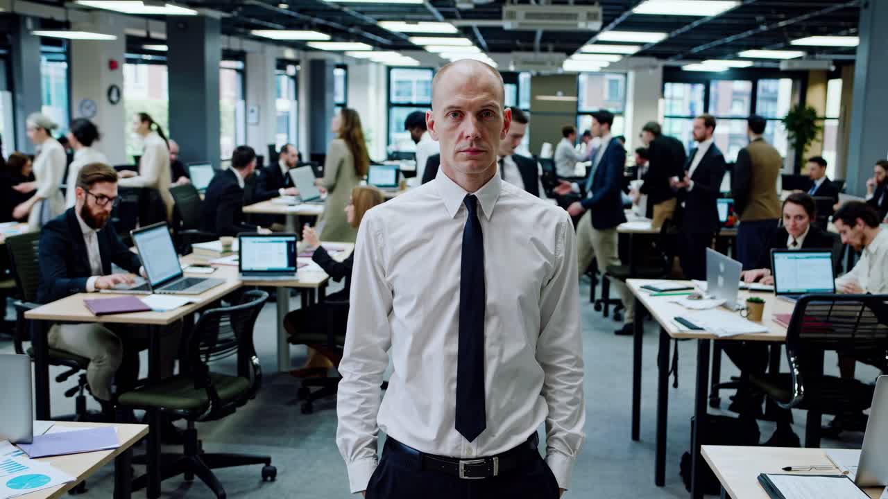 Confident manager standing in the center of a busy office while his colleagues are working on their laptops, representing leadership and focus in a corporate environment
