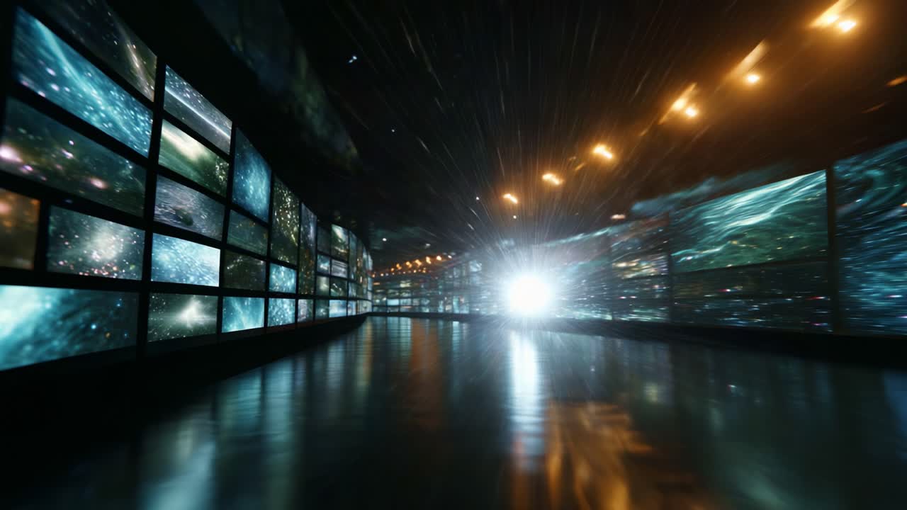 Un viaje visual cautivador a través de un espacio futurista que muestra imágenes cósmicas vibrantes en múltiples pantallas, creando una atmósfera fascinante de luz y profundidad.