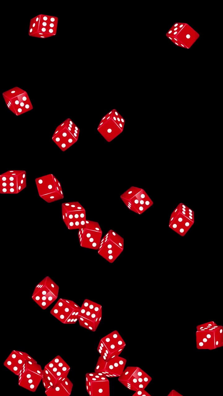Numerosi dadi da gioco rossi cadono verticalmente e rimbalzano casualmente su uno sfondo nero scuro