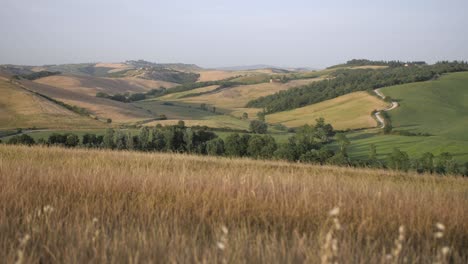 Hermosas-Colinas-Onduladas-De-La-Toscana-A-Principios-De-Verano,-Paisaje-Romántico-De-La-Tarde-De-Junio