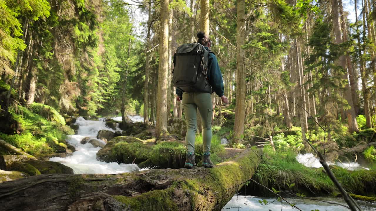 Hiking woman walk with a hiking backpack in spring green forest