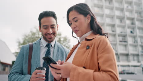 phone, business people and talking outdoor