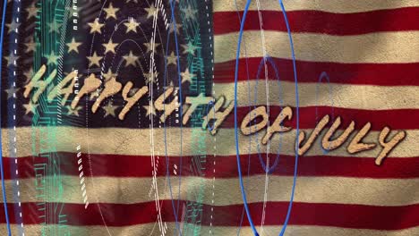 Digital-animation-of-round-scanners-over-happy-4th-of-july-text-against-waving-american-flag