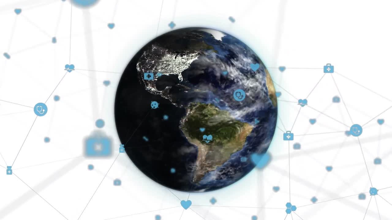 анимация сети медицинских икон над вращающимся глобусом на белом фоне