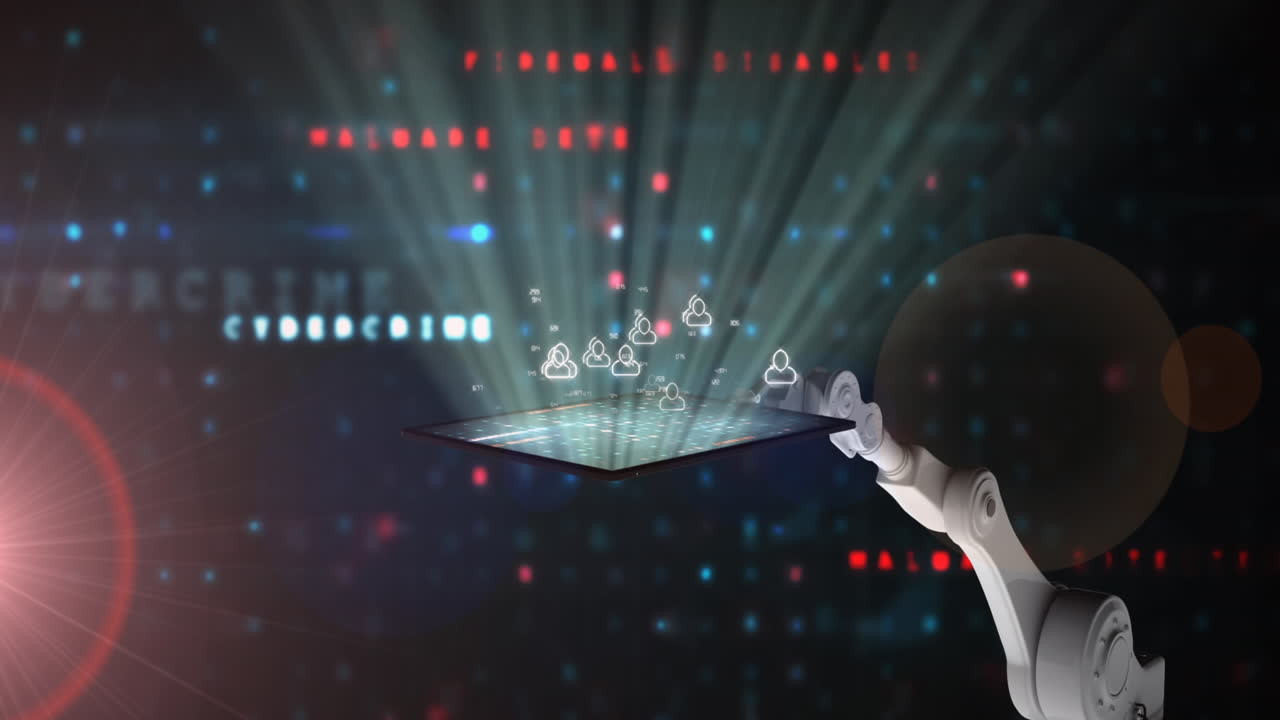 어두운 배경에 있는 로의 팔 위에서 ai 데이터 처리의 애니메이션