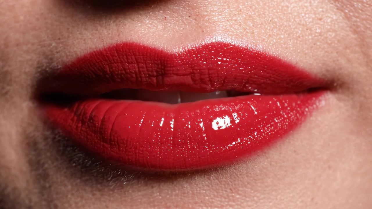 Um Close-up Íntimo de Lábios Vermelhos Brilhantes Exibindo a Cor Vibrante e o Brilho, Capturando o Charme e a Sensualidade de um Visual de Lábios Ousado em Duas Etapas.