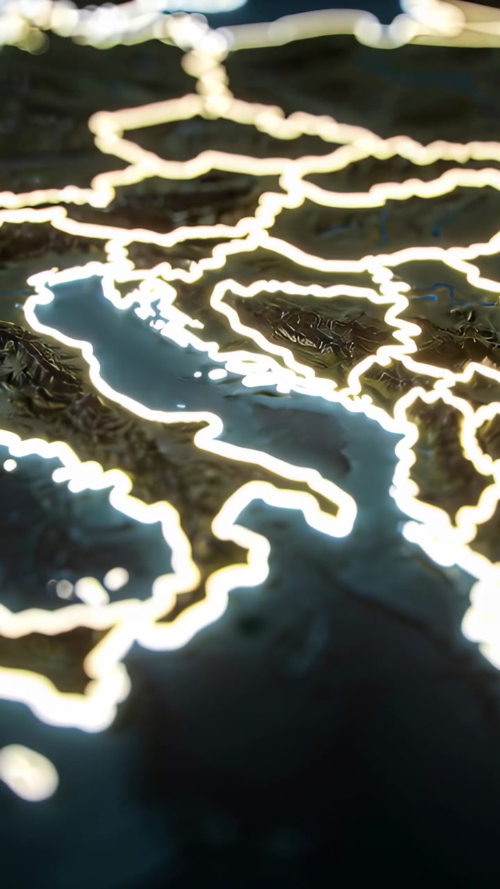 Video verticale: Telecamera che panoramica su una mappa in rilievo 3D illuminata su un display scuro, rivelando bordi a LED.