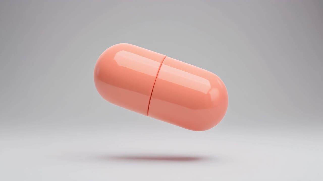 Capsula medica rotante color pesca su sfondo grigio