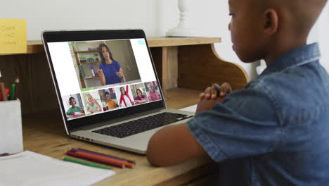 schoolboy using laptop for online lesson at home, with diverse teacher and class on screen