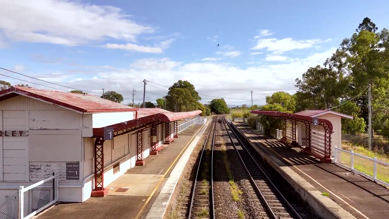 Flying a drone along the railway line in Laidley in the Lockyer Valley in Australia