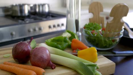 Bowl-of-salad-and-fresh-vegetables-kept-on-kitchen-worktop