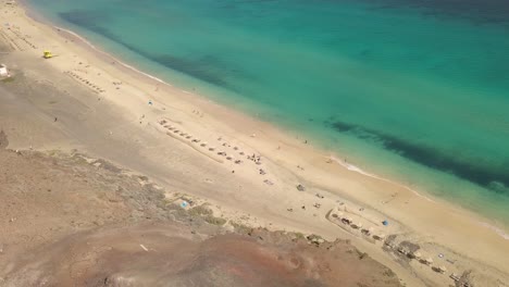 Atlantic-Ocean-canary-island-fuerteventura-beach-aerial-static-shot-of-tropical-paradise
