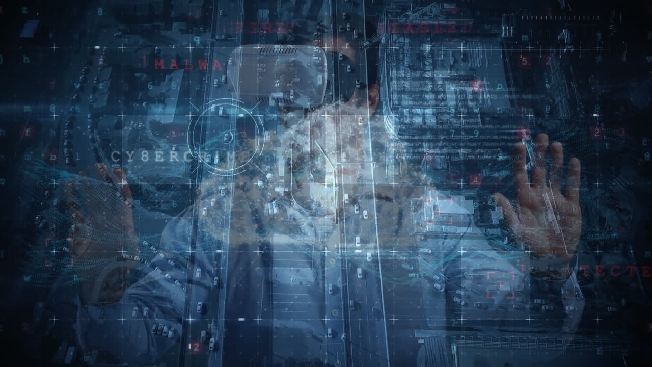 animación del procesamiento de datos financieros sobre un hombre de negocios que usa auriculares vr