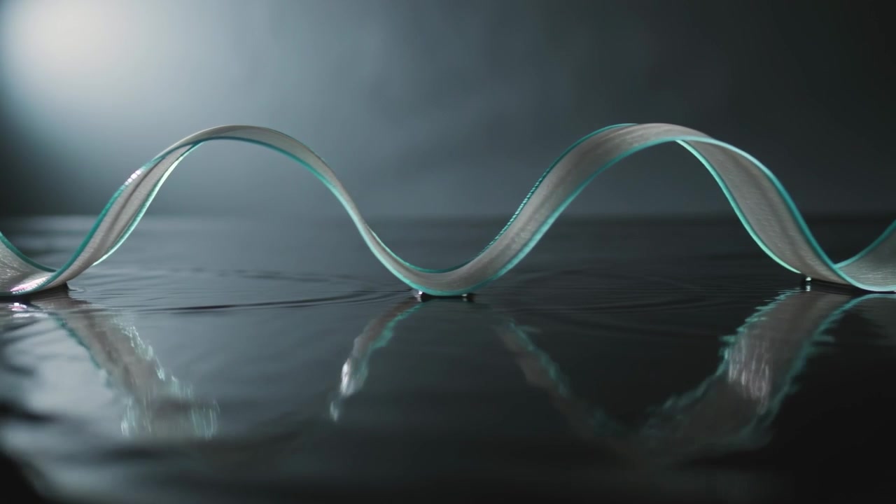Forming translucent ribbon waving right over pool, left lift starting ripples and backlight glow