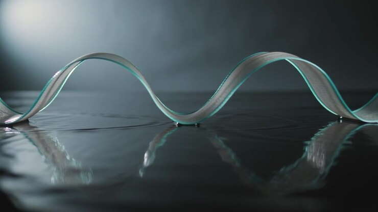Forming translucent ribbon waving right over pool, left lift starting ripples and backlight glow