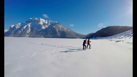 skier couple walking on snowy landscape 4k