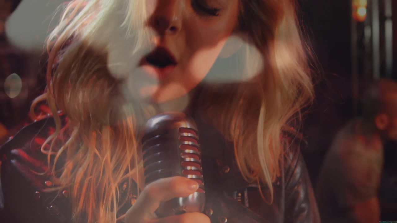 Female singer performing on stage with leather jacket, driving music marketing with animated bokeh