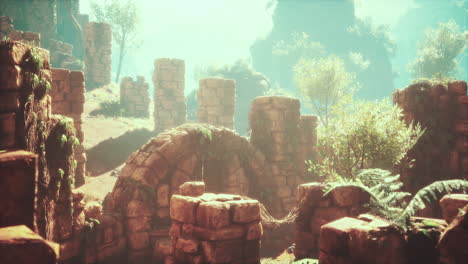 ancient ruins in a misty valley