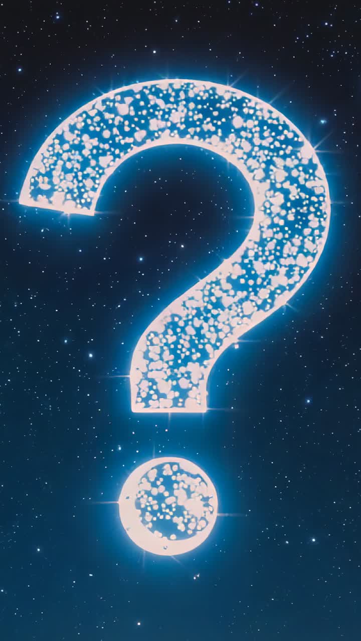Vertical video: Playing neon cyan question mark pulsing over stars, suggesting enigma with dot