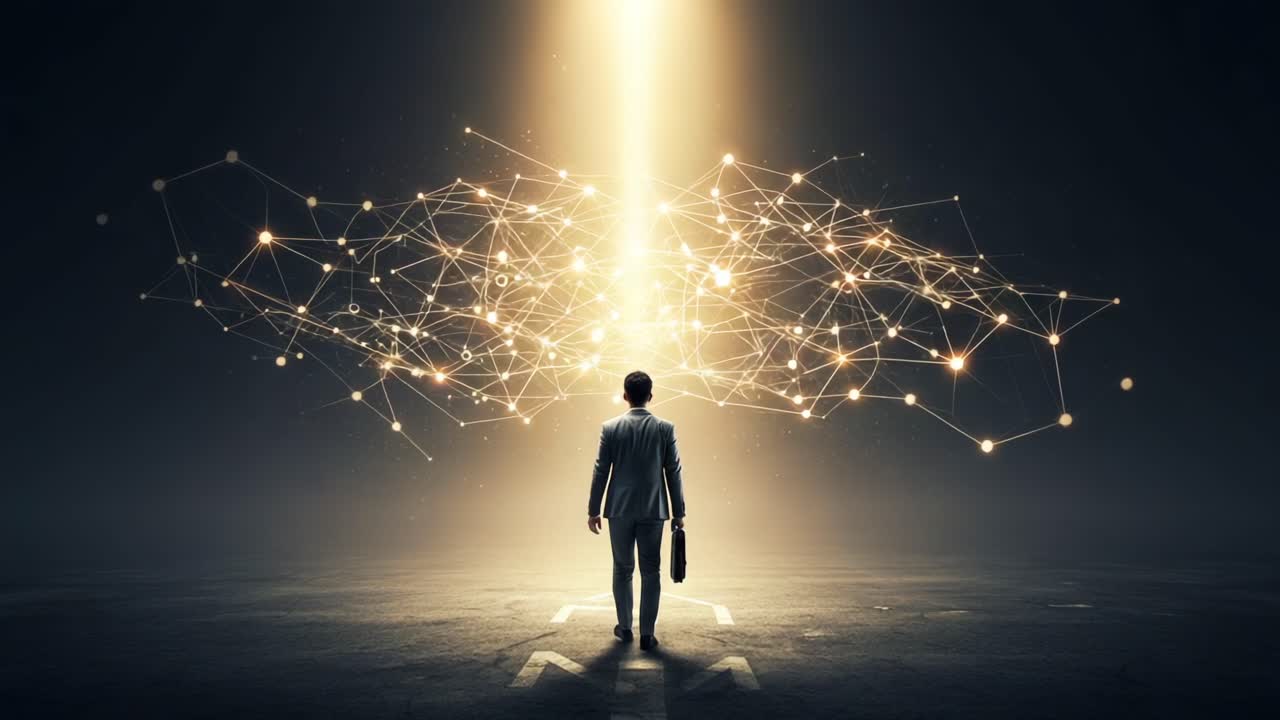 A Vision of Innovation: A Businessperson Stands in Awe Beneath a Radiant Beam of Light, Surrounded by an Intricate Web of Connective Technology and Ideas