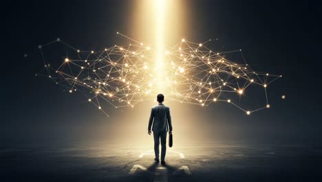 a vision of innovation: a businessperson stands in awe beneath a radiant beam of light, surrounded by an intricate web of connective technology and ideas