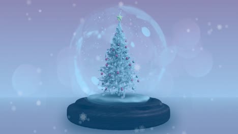 animation of snow globe with christmas tree and shooting star with snow falling