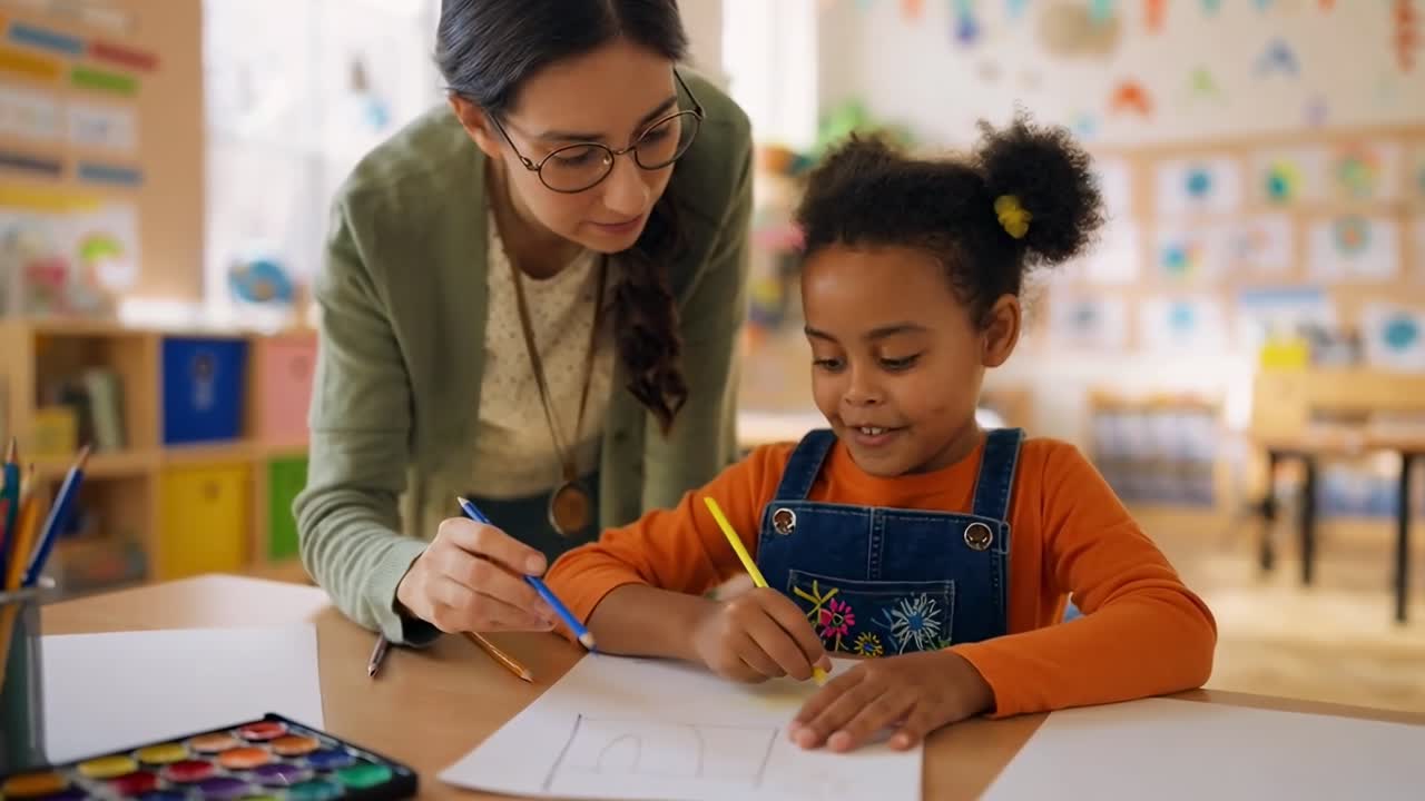 Un insegnante guida un bambino nel disegno, ripreso da un angolo laterale, che ricorda un video di una classe