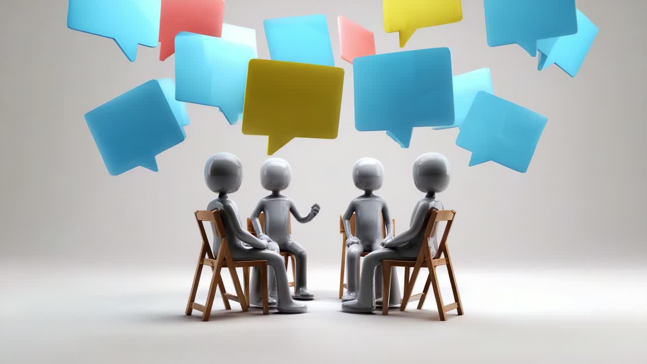 Engaging Conversation Among Team Members: A Group Discussing Ideas with Colorful Speech Bubbles Overhead Representing Dynamic Communication and Collaboration