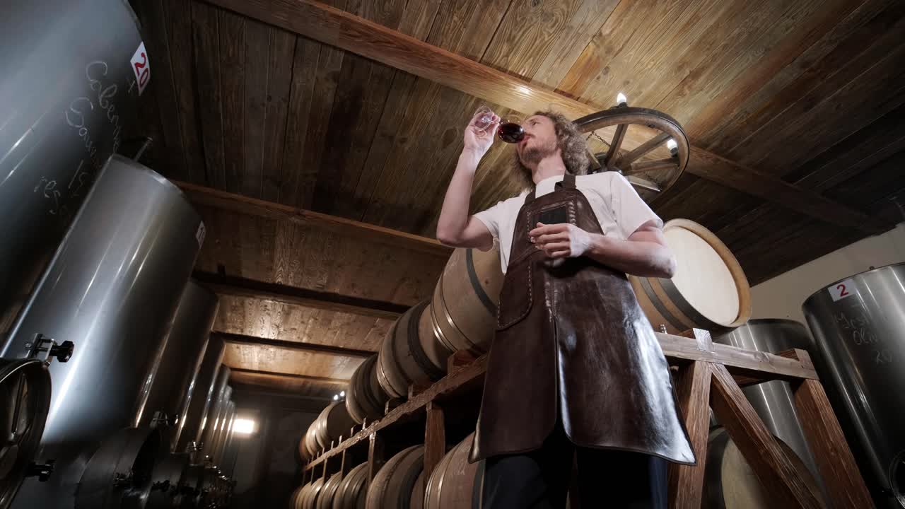 Authentic shot of successful male sommelier is tasting a flavor and checking white wine quality poured in transparent glass in a wine cellar.
