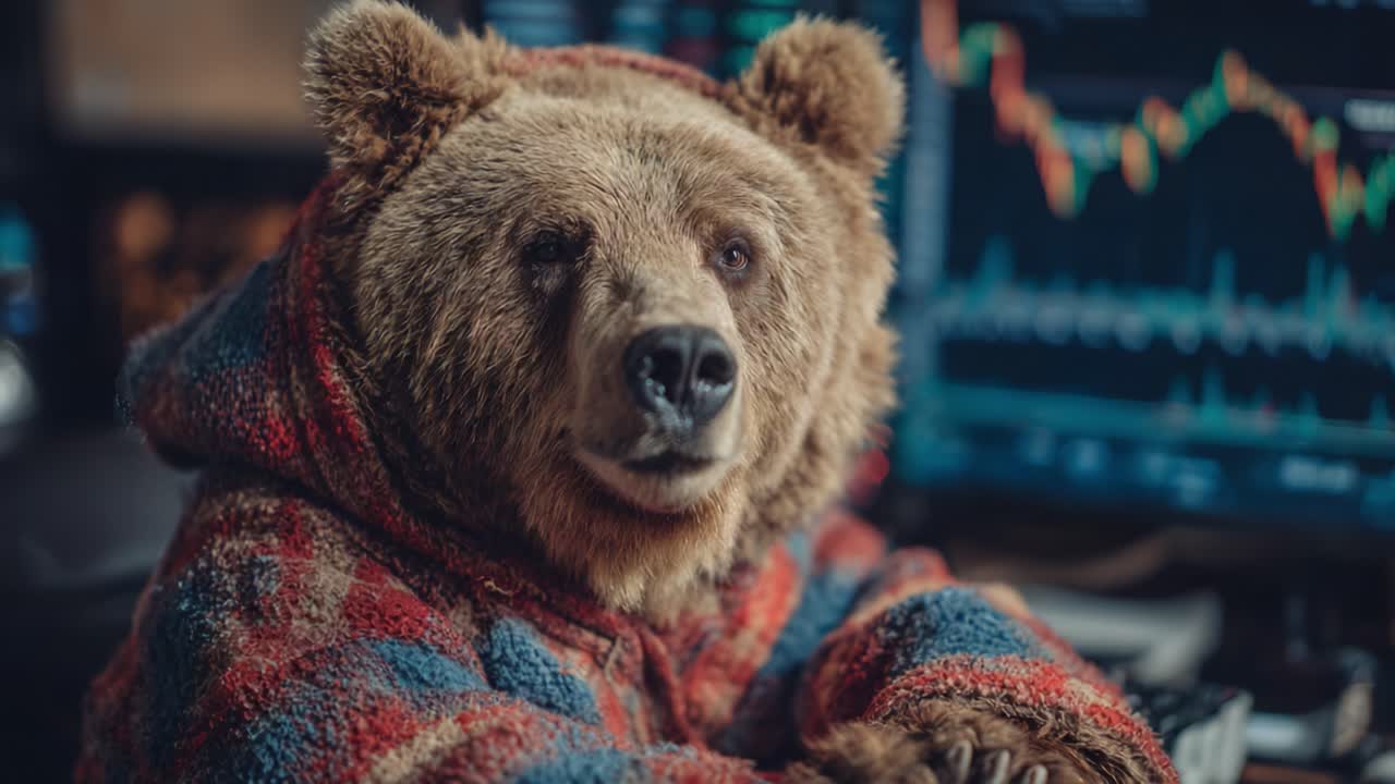 A Cozy Bear in a Colorful Hoodie Analyzes Stock Data from a Computer Screen, Blending Nature with the Digital World in a Unique and Engaging Scene