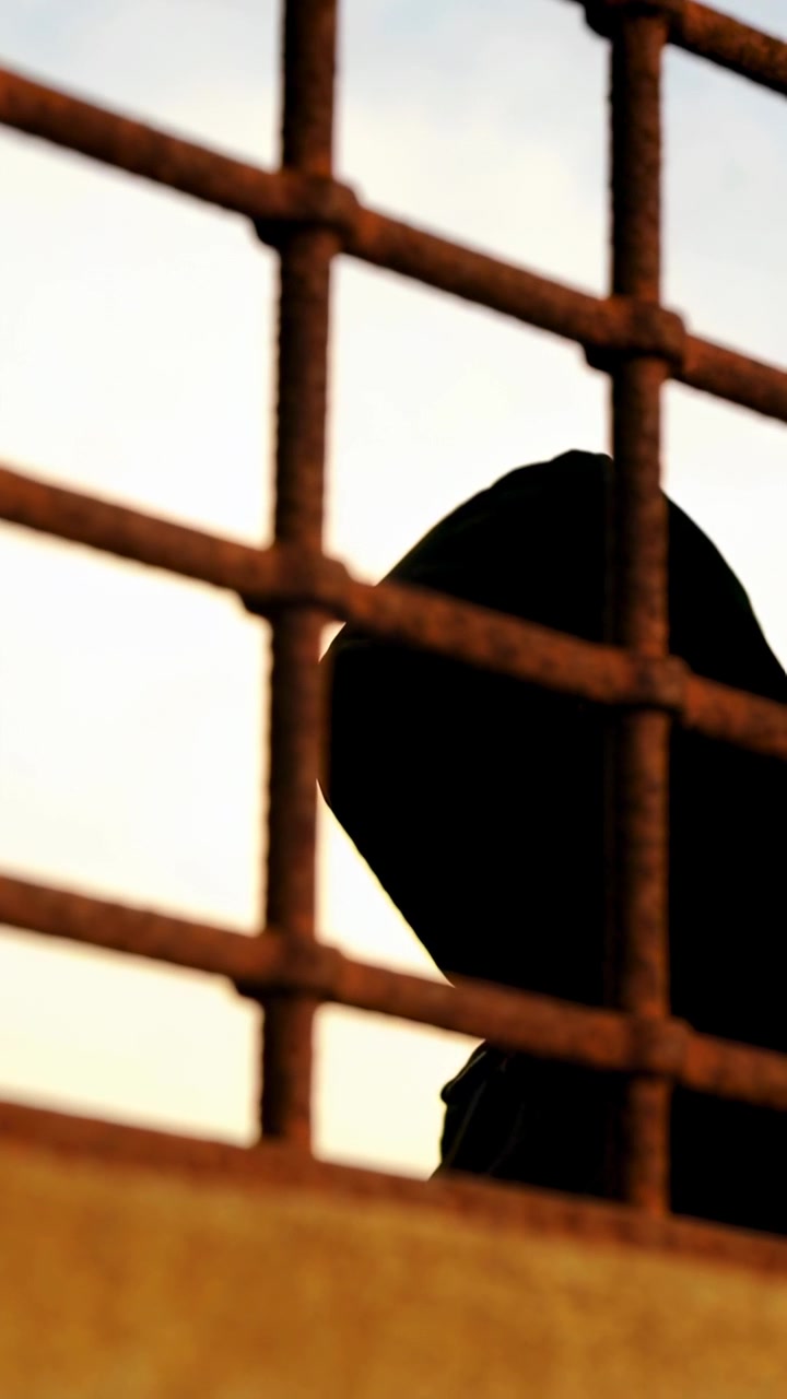 Vertical video: Camera focusing on rusted railing, hooded figure shifting slightly right at sunset