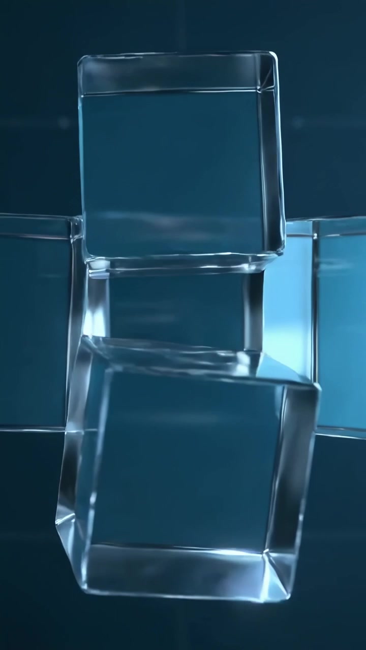 Vertical video: Entering glass cubes rotating from edges, assembling into stacked core on blue grid