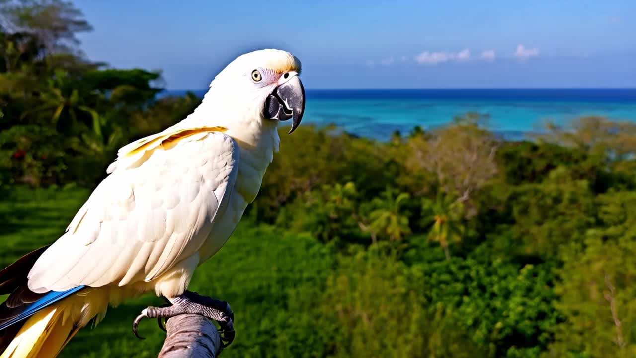 A white parrot overlooking a tropical ocean and jungle landscape