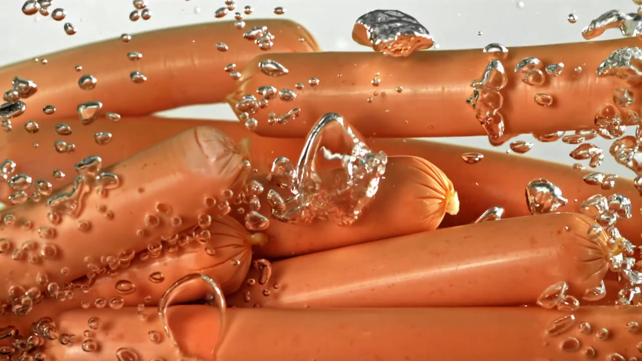 Salsicce in ebollizione in acqua con bolle in risalita