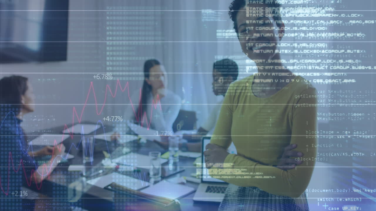 Animation of binary codes, computer language and graphs, biracial woman standing arms crossed