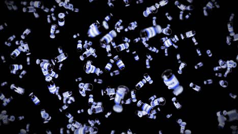 volando muchas botellas de vacunas en fondo negro. concepto médico. cura de virus. líquido transparente. animación de bucle 3d de vacunas.