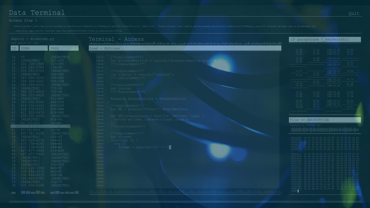 Animation of numbers changing and data processing on computer screens over close up of cables