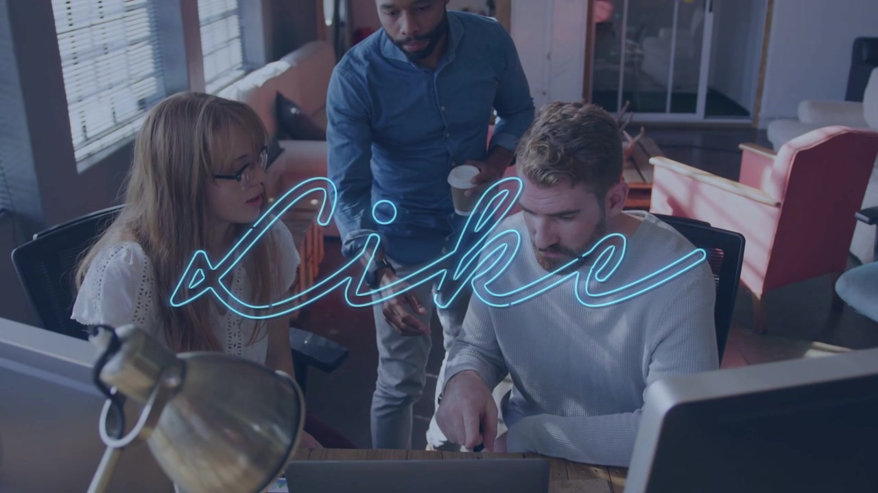 Standing man entering with cup, pointing to laptop, biz team using, deciding with neon like overlay