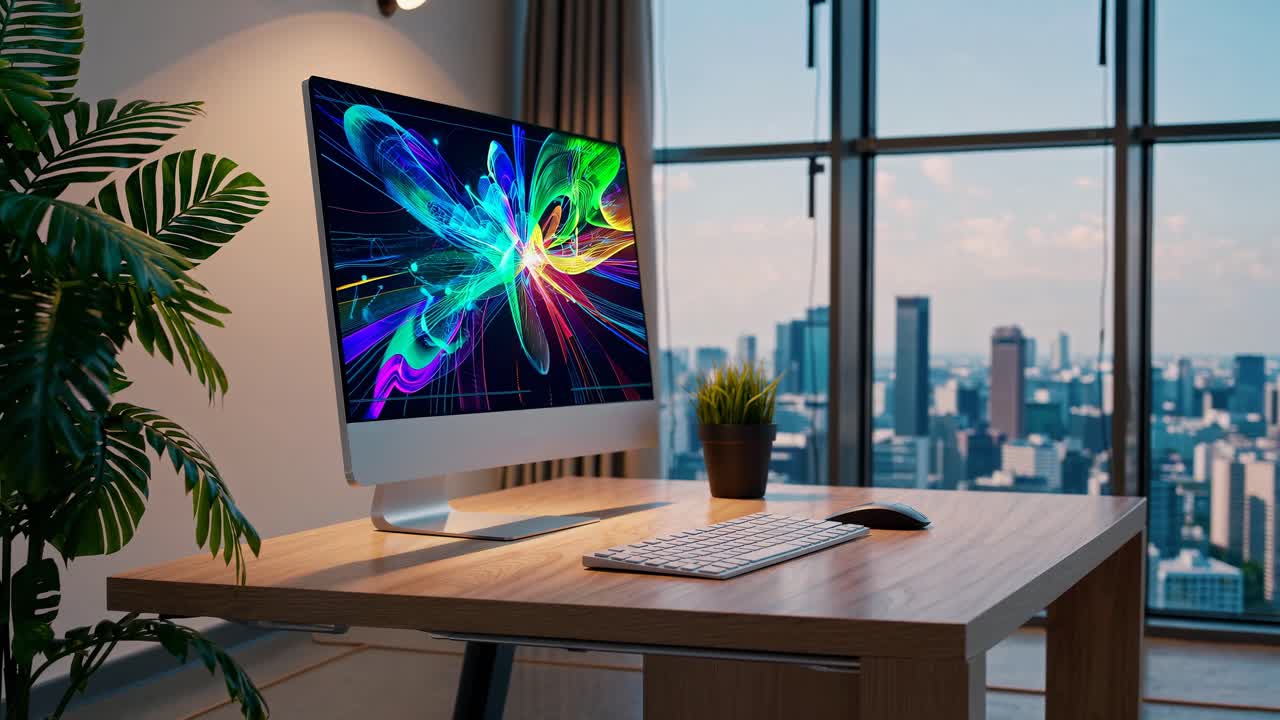 Modern workspace with a vibrant digital art display on a desktop computer